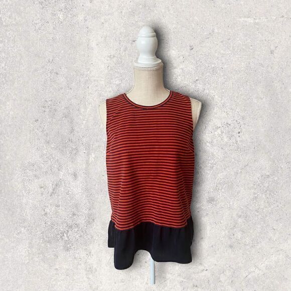 J Crew Factory | Navy Blue Red Striped Ruffle Flounce Hem Tank Top Blouse Size S - Picture 2 of 6